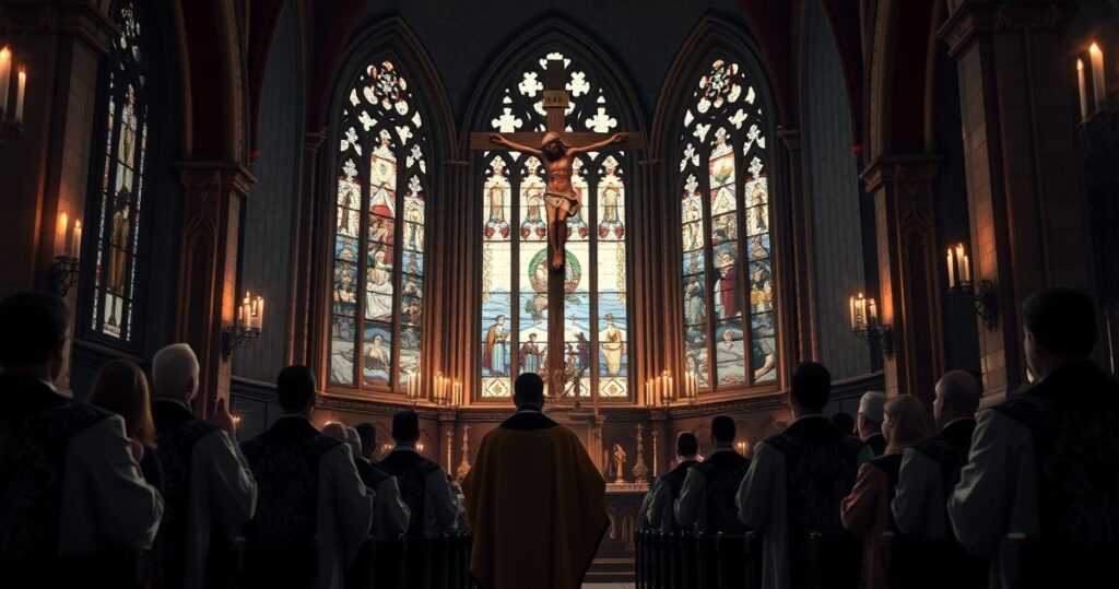 Ołtarz w katedrze z kapłanami w liturgicznych szatach, symbolizujący duchową opieszałość wobec wojny na Ukrainie