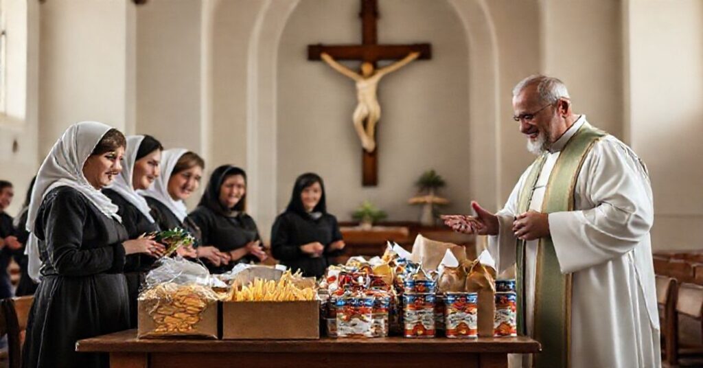 Grupa wolontariuszy katolickich w tradycyjnych strojach sortuje żywność w kaplicy z duża krzyżem na tle.