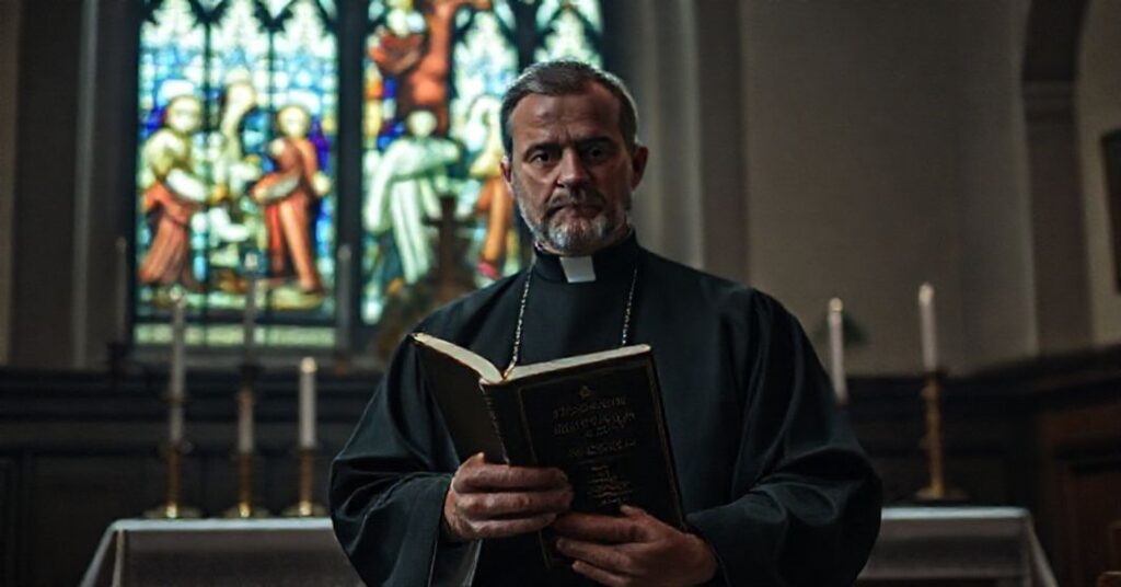 Tradycyjny katolicki wnętrze z kapłanem przed ołtarzem, symbolizujące duchową naturę wstydu i pokuty