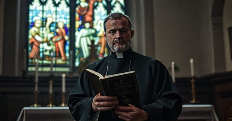 Tradycyjny katolicki wnętrze z kapłanem przed ołtarzem, symbolizujące duchową naturę wstydu i pokuty