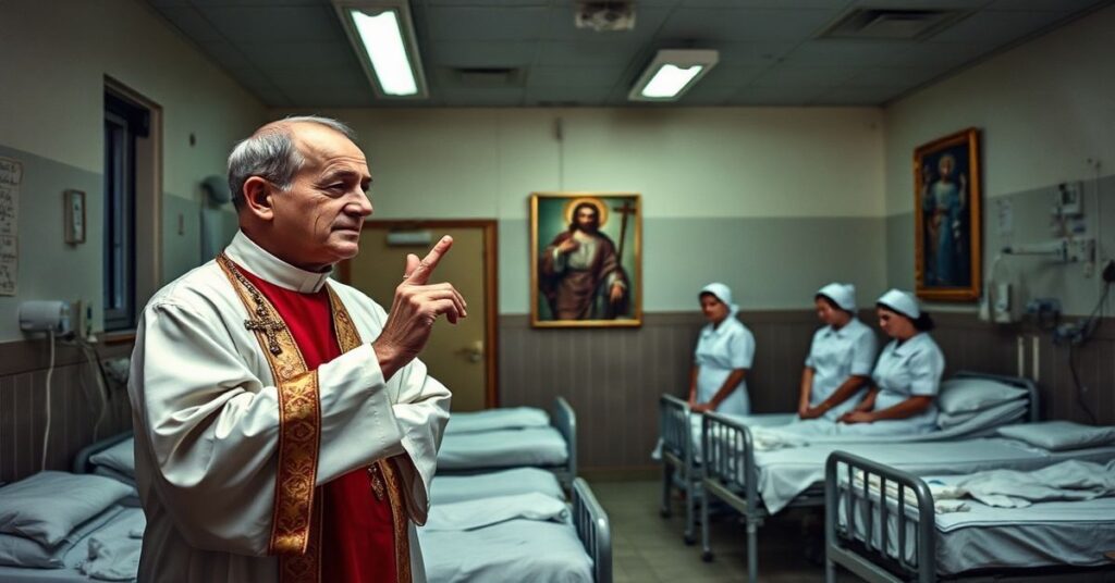 Scena tradycyjnego szpitala katolickiego z księdzem w sutannie błogosławiącym pacjentów w zdegradowanym szpitalu powiatowym
