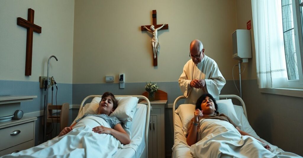 Tradycyjne katolickie przedstawienie dwóch młodych pacjentów w szpitalu z dengą, z kapłanem udzielającym sakramentu namaszczenia chorych i jednym pacjentem modlącego się z różańcem.