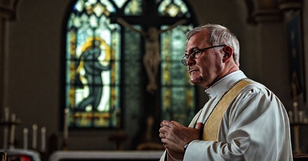 Ksiądz katolicki w tradycyjnych szatach modli się przed krzyżem w ciemnym kościele, z bladym obrazem więźnia dziennikarza widocznym przez witraż.