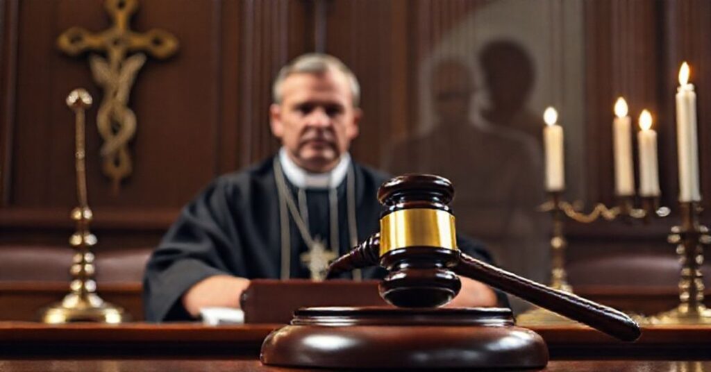 Tradycyjny katolicki widok sądu z siedzieniem sędziowskim, krzyżem i zapaloną świecą. Symbolizuje to ciężar boskiego prawa w wymiarze sprawiedliwości.