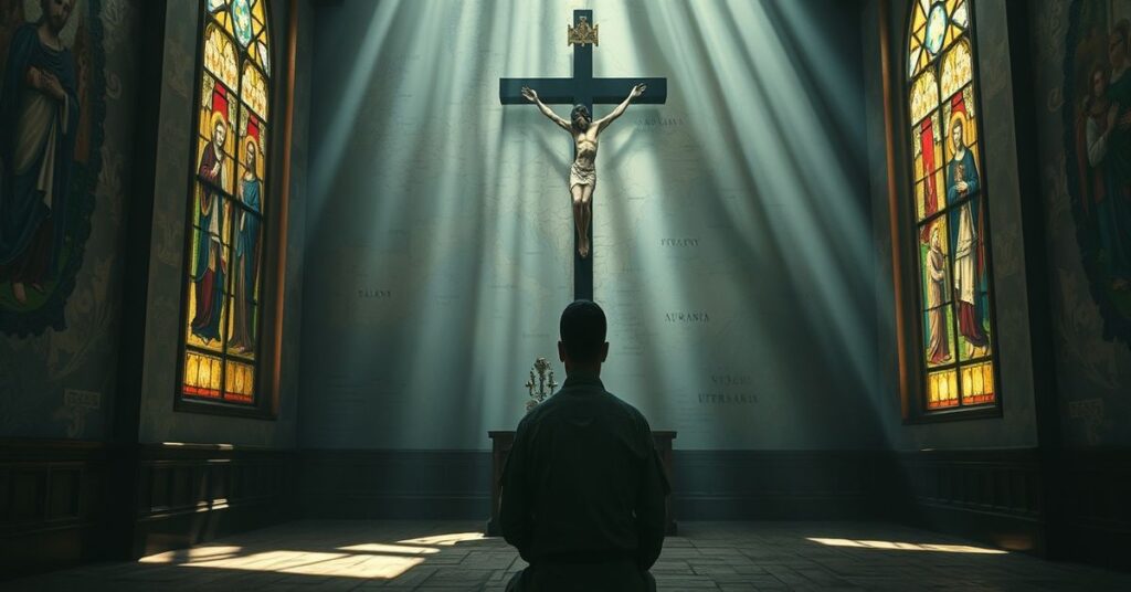 Katolicki żołnierz modlący się przed krzyżem w kaplicy wojskowej ze światełkiem przechodzącym przez witraże