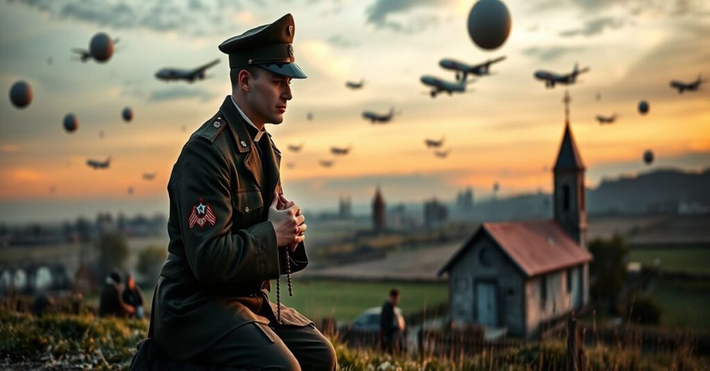 Katolicki żołnierz modli się przed kaplicą przy radarskich wieżach i balonach nad Polską