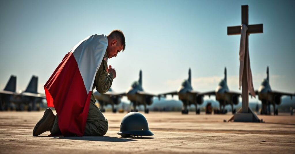 Katolicki żołnierz modlący się przed krzyżem na polu bitewnym z flagą francuską