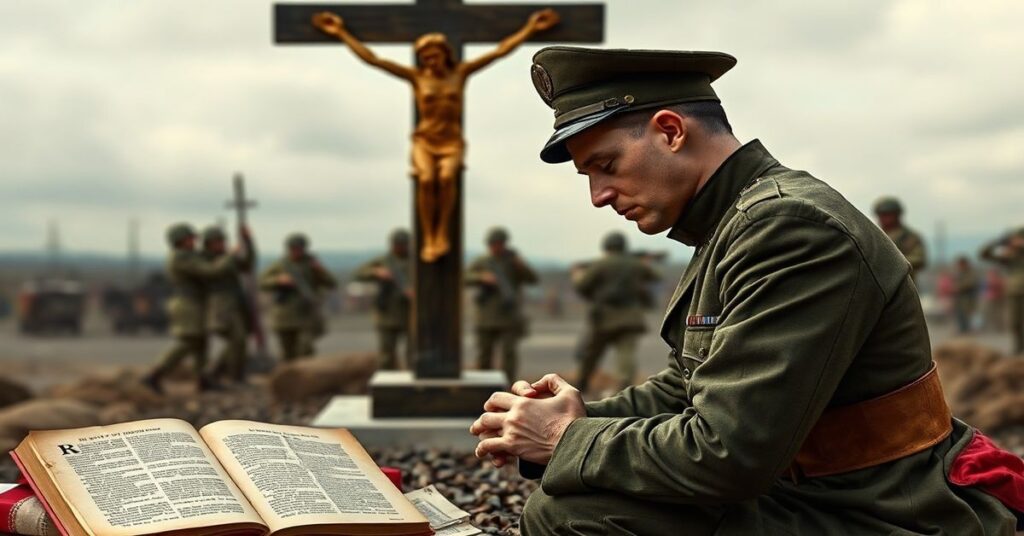 katolicki żołnierz modlący się przed krzyżem na tle wojny