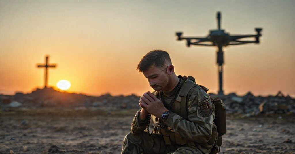 Katolicki żołnierz modli się przed polem bitewnym z systemem Merops w tle, symbolizując walkę o moralny fundament obrony narodowej