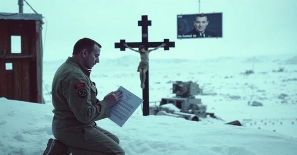 Katolicki żołnierz modli się przed krzyżem na tle Grenlandii z widokiem wojskowych instalacji