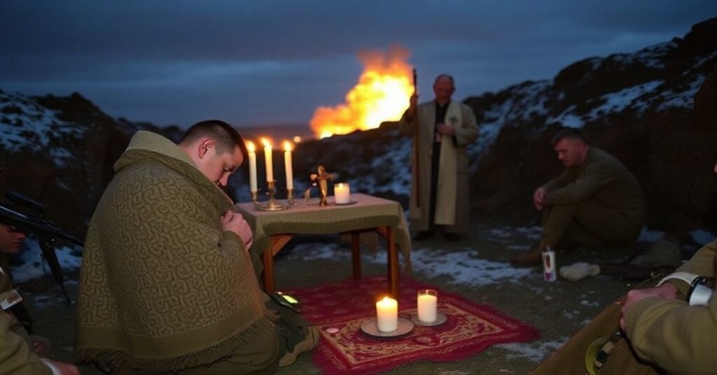 Katolicki żołnierz na froncie ukraińskim modli się przed ołtarzykiem z krzyżem i świecami wokół innych żołnierzy cierpiących w zimnie