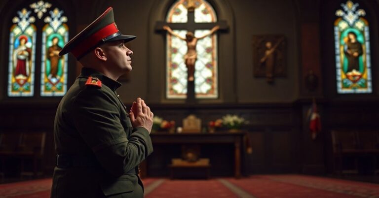 Rzeżbny katolicki żółnierz w tradycyjnym polskim mundurze modli się przed krzyżem w kaplicy z witražm.