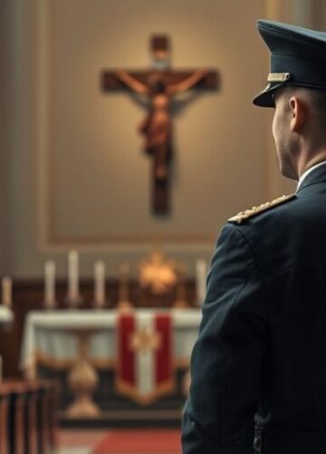 Katolicki żołnierz sprzeciwiający się przymusowi szczepień w kościele Rekreacja żołnierza katolickiego w stroju mundurowym, modlącego się w kościele, wyrażającego sprzeciw wobec przymusu szczepień i totalitarnej władzy, w odrębnym, szacownym stylu religijnym