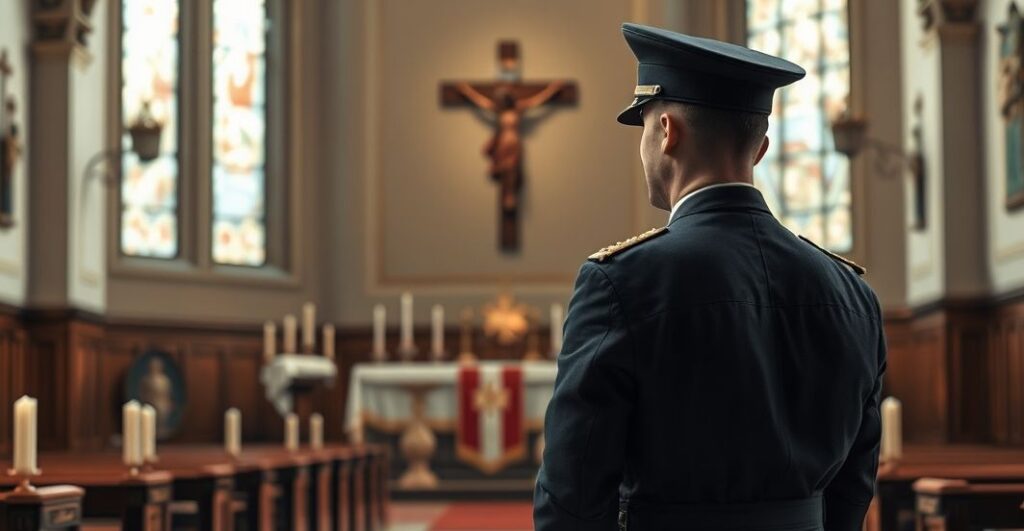 Rekreacja żołnierza katolickiego w stroju mundurowym, modlącego się w kościele, wyrażającego sprzeciw wobec przymusu szczepień i totalitarnej władzy, w odrębnym, szacownym stylu religijnym