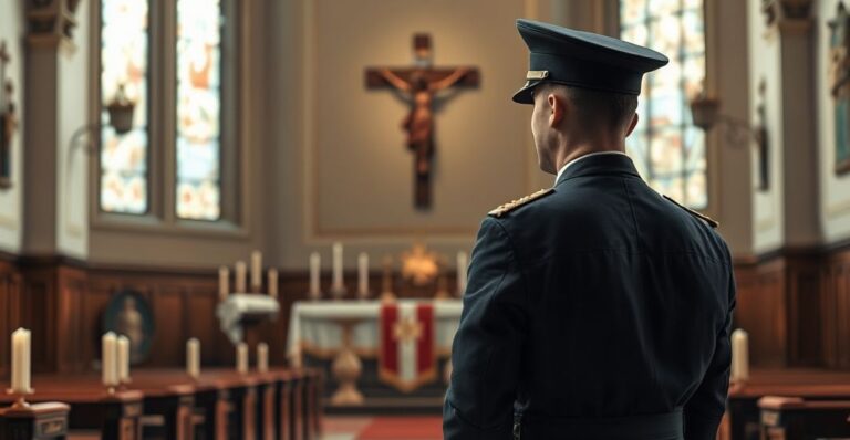 Rekreacja żołnierza katolickiego w stroju mundurowym, modlącego się w kościele, wyrażającego sprzeciw wobec przymusu szczepień i totalitarnej władzy, w odrębnym, szacownym stylu religijnym