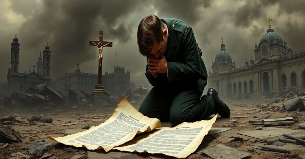 Realistyczny obraz katolickiego żołnierza modlącego się przed krzyżem w ruinach miasta, symbolizujący zbiegniecie Kościoła i jego powołania