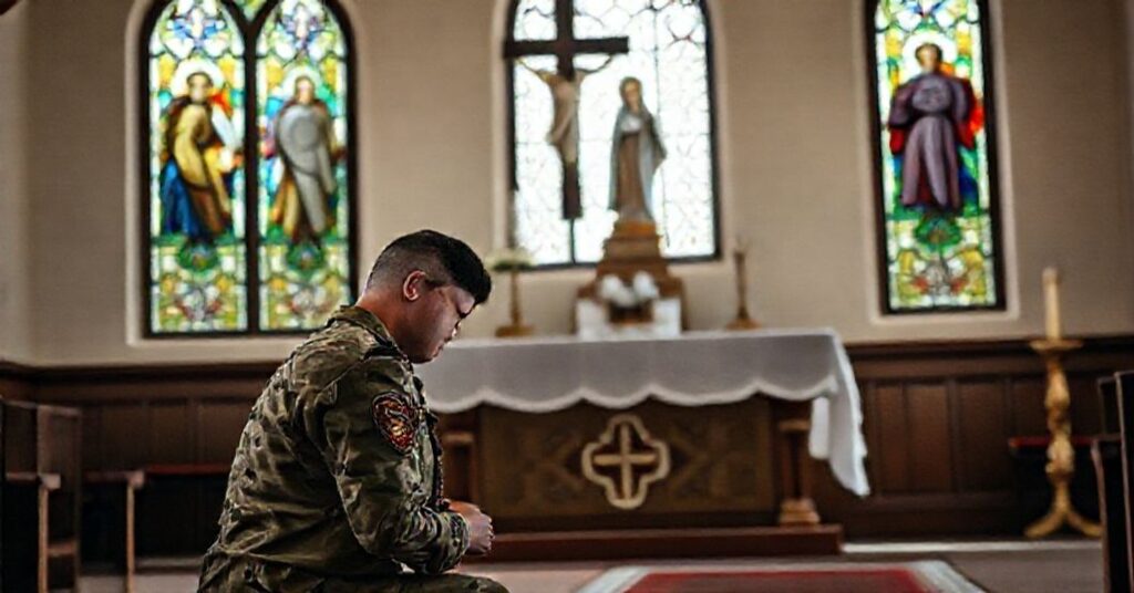 Poległy żołnierz w mundurze modli się przed tradycyjnym ołtarzem z krzyżem i rzeźbą Matki Boskiej