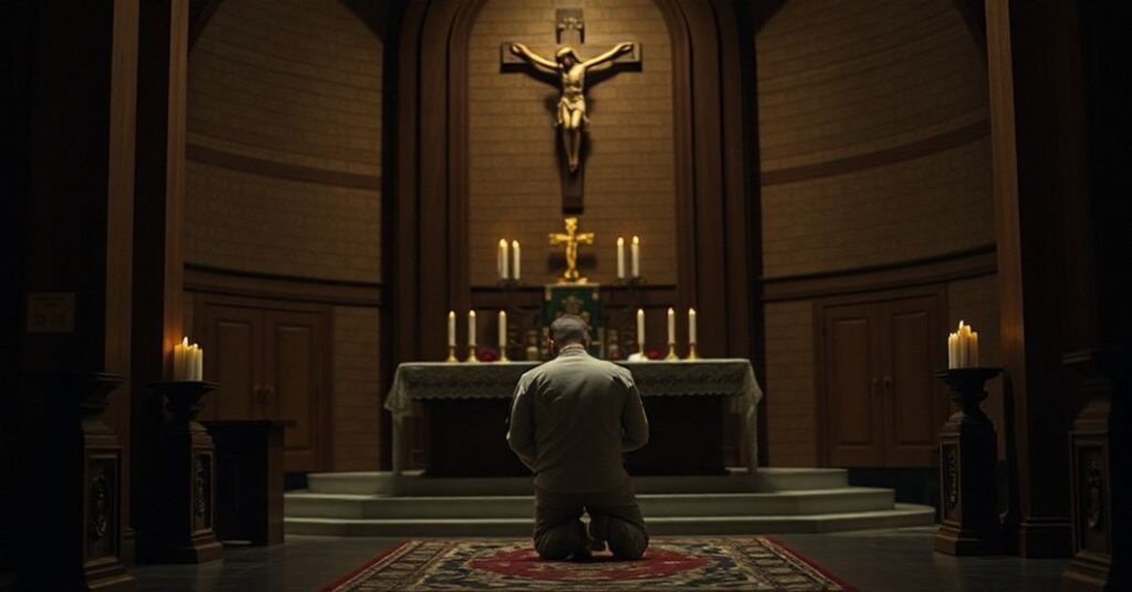 Kneeling soldier in traditional military chapel during prayer, highlighting spiritual devotion amid institutional neglect