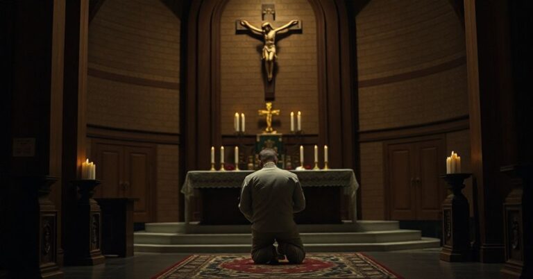 Kneeling soldier in traditional military chapel during prayer, highlighting spiritual devotion amid institutional neglect