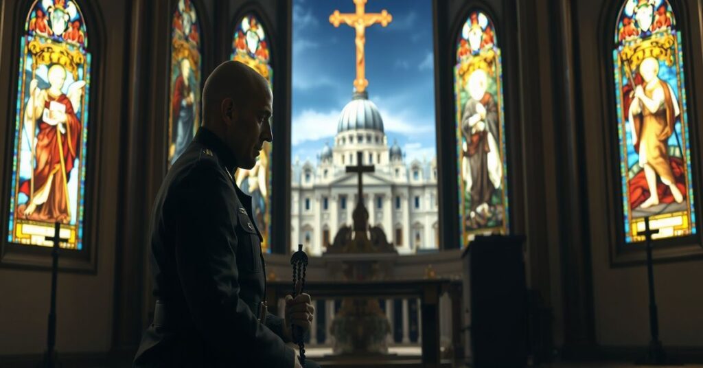 Katolicki żołnierz w pełnym mundurze modli się przed ołtarzem z różańcem i krzyżem w tradycyjnym kościele katolickim.