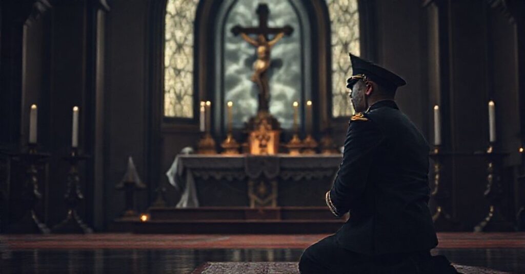 Katolicki żołnierz modli się przed ołtarzem z krzyżem i wizerunkiem Chrystusa-Króla, z widmem okrętu podwodnego ORP „Orzeł” w tle