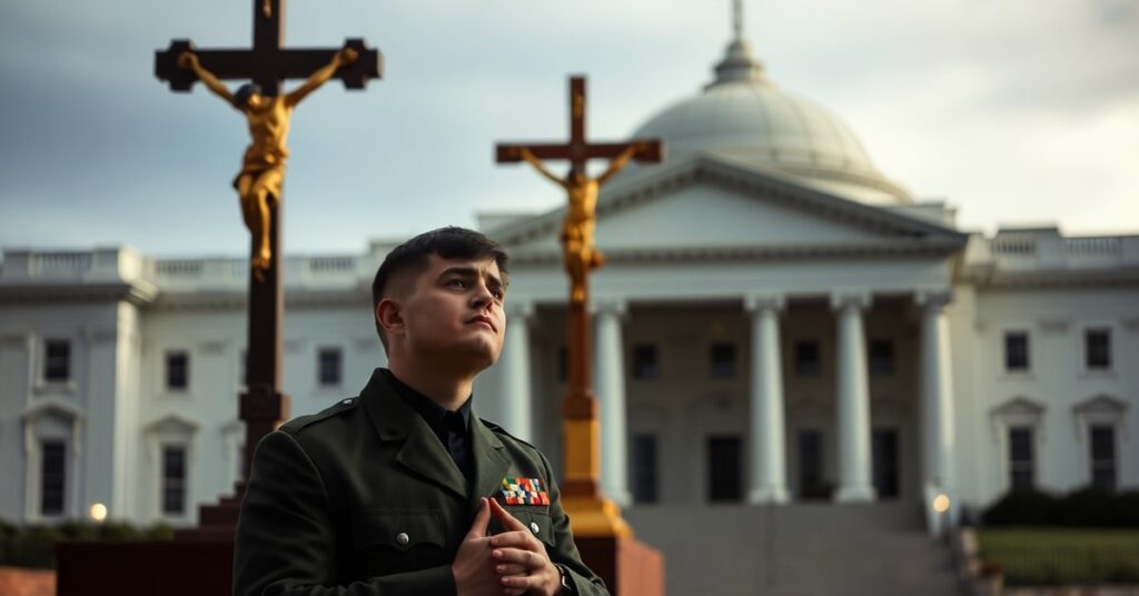 Katolicki żołnierz w pełnym mundurze modli się przed krzyżem przed budynkiem Pentagonu