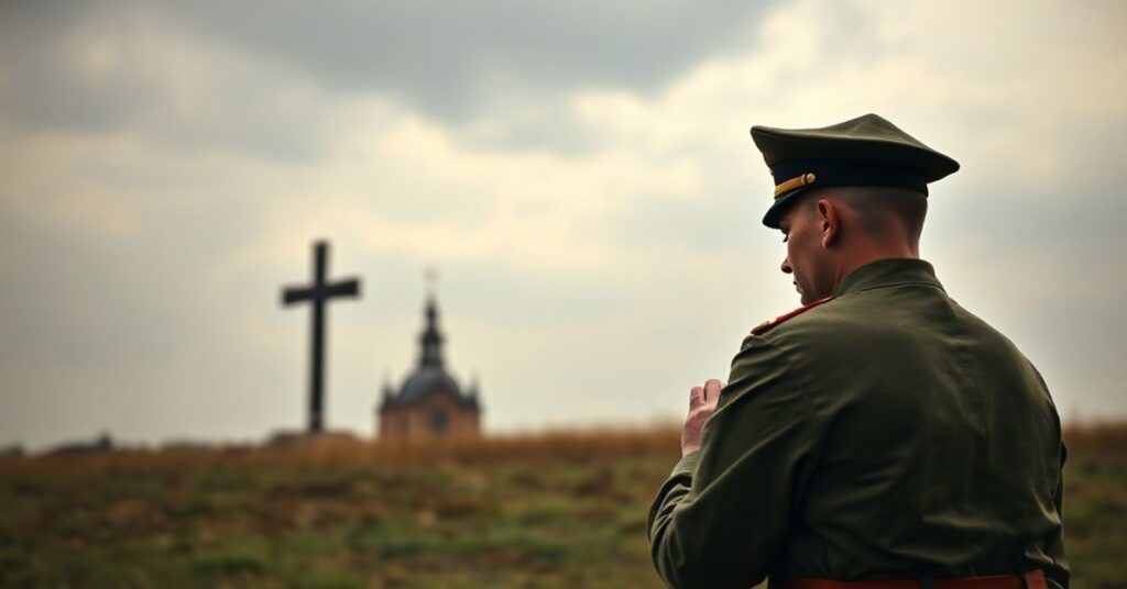 Katolicki żołnierz w tradycyjnym mundurze modlący się przed krzyżem polowym na tle kaplicy Ordynariatu Polowego.