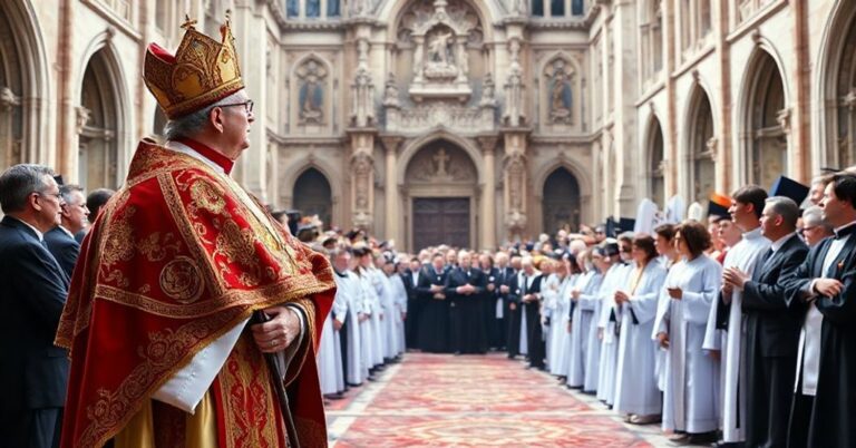 Katolicki biskup w tradycyjnych szatach liturgicznych stoi przed wielkim katedrą, patrząc na podzieloną grupę duchowieństwa