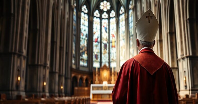 Realistyczne zdjęcie katolickiego biskupa w tradycyjnych szatach w katedrze, symbolizujące autentyczną wiarę i krytykę modernistycznej hierarchii