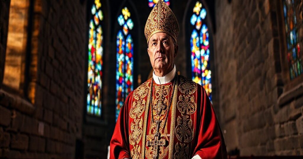 Kapłan w tradycyjnym stroju liturgicznym w historycznym kościele, wyraz zatroskania nad współczesną edukacją religijną