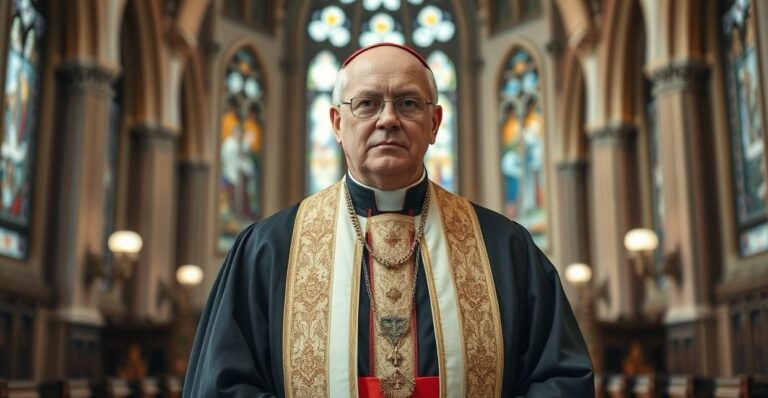 Fotografia realistycznego katolickiego biskupa w świątyni, wyrażającego głęboką refleksję i wierność Chrystusowi Królowi, w kontekście krytyki ekumenicznego zawierzenia bez Królestwa Chrystusa