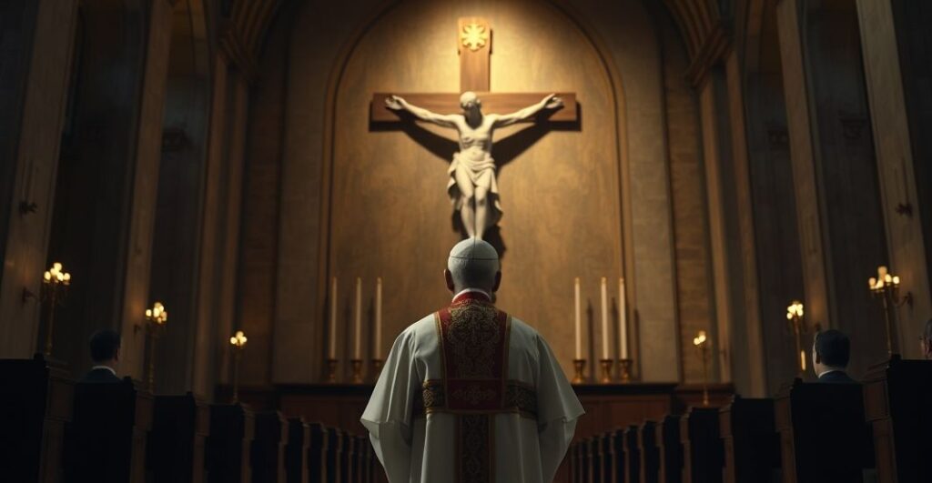 Reverent Catholic bishop w modlitewnym skupieniu przed krucyfiksem w kościele, symbolizujący duchową refleksję nad Bożym panowaniem i krytykę współczesnego sekularyzmu