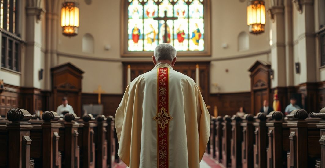 Realistyczny wizerunek katolickiego biskupa krytykującego modernizm Szkocki biskup w tradycyjnym stroju, w surowym wnętrzu kościoła, wyraz powagi i krytyki wobec modernistycznych struktur kościelnych.