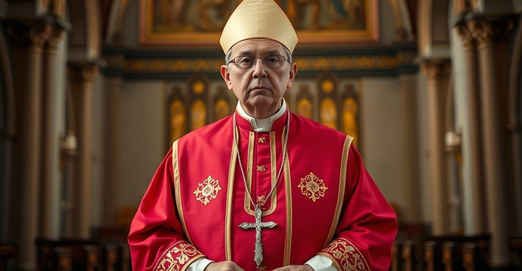 Biskup w liturgicznym stroju katolickim w kościele, krytycznie patrzący na ekumeniczną farsę i modernistyczny ekumenizm.
