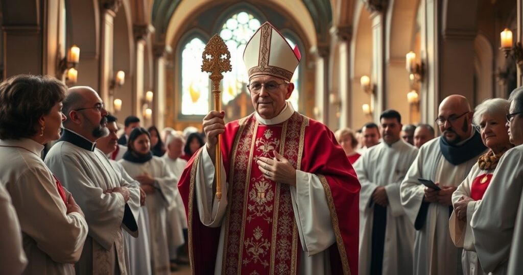 Realistyczne religijne zdjęcie katolickiego biskupa w tradycyjnych szatach trzymającego mitrę, wśród wiernych w kościele, podkreślające pobożność i autentyczną liturgię katolicką.