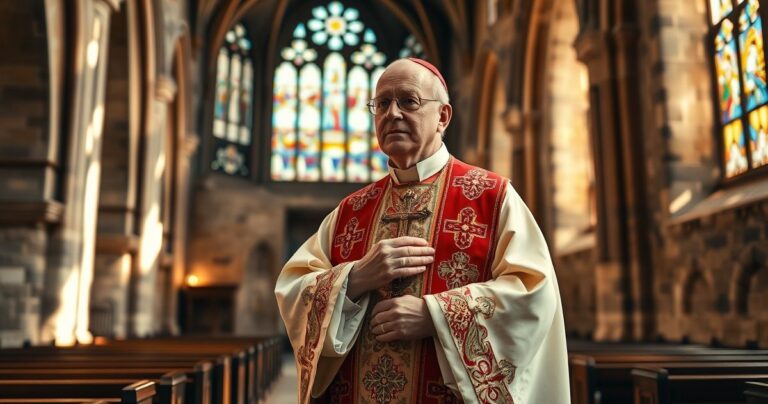 Szczegółowe zdjęcie katolickiego biskupa w tradycyjnym stroju, modlącego się w starej katedrze z witrażami, wyrażające wiarę i duchową powagę.