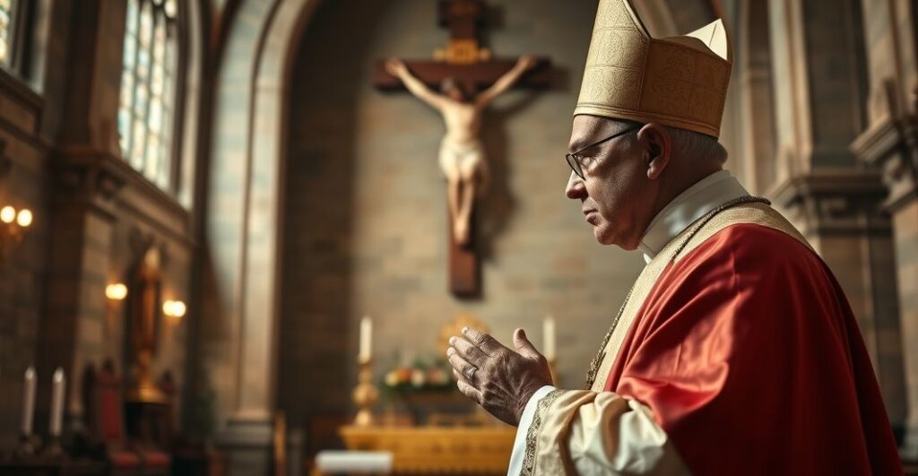 Kapłan w liturgicznych szatach modli się przed krzyżem w świątyni, ukazując głęboką pobożność i odwagę w obronie prawdy katolickiej