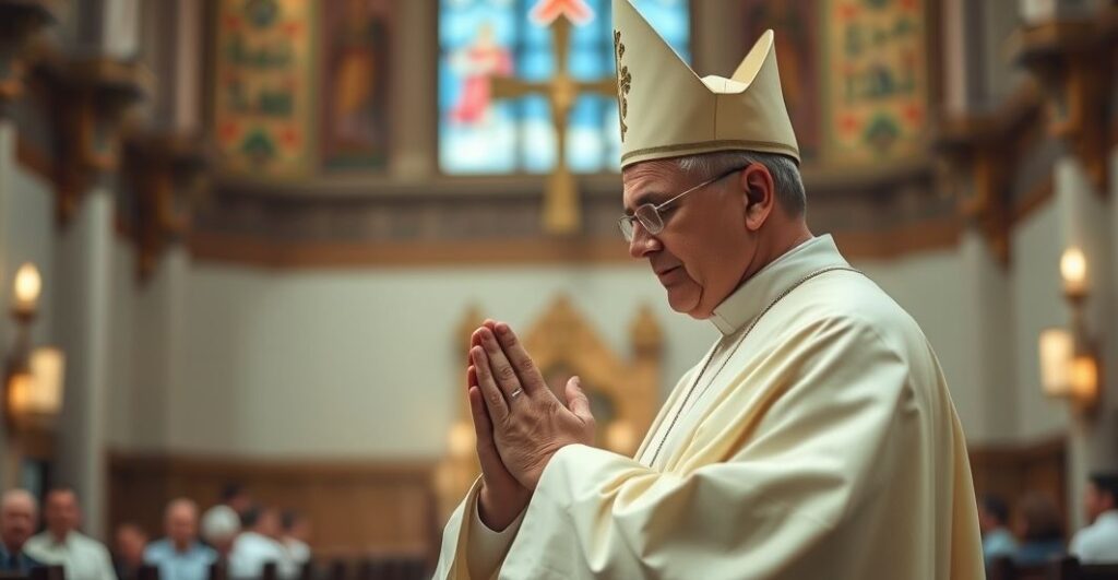 Zdjęcie realistycznego katolickiego biskupa modlącego się w kościele, z symbolami mediów społecznościowych w tle, ukazujące kontrast między prawdziwym wiarą a nowoczesną iluzją autorytetu