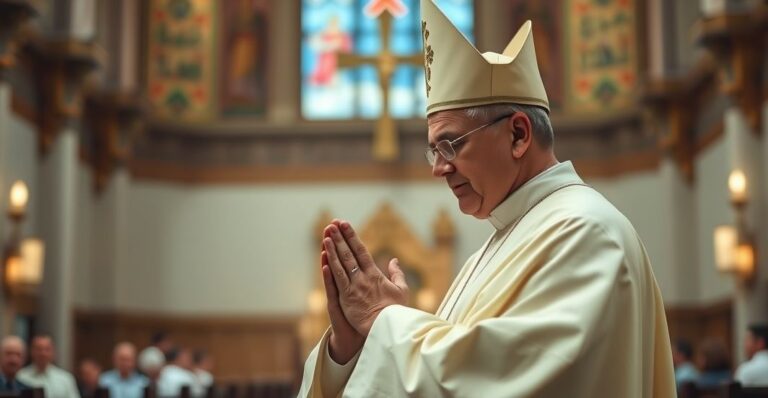 Zdjęcie realistycznego katolickiego biskupa modlącego się w kościele, z symbolami mediów społecznościowych w tle, ukazujące kontrast między prawdziwym wiarą a nowoczesną iluzją autorytetu
