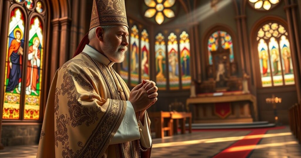 Biskup w ornacie modli się w tradycyjnej katolickiej świątyni, w otoczeniu świętych i witraży, wywołując uczucie pokory i wiary.