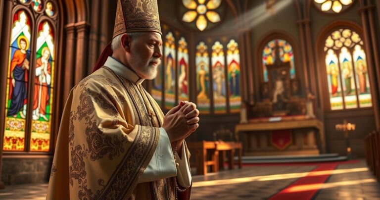 Biskup w ornacie modli się w tradycyjnej katolickiej świątyni, w otoczeniu świętych i witraży, wywołując uczucie pokory i wiary.