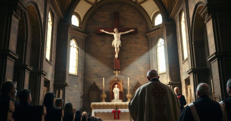 Obraz katolickiego biskupa modlącego się przed krucyfiksem w tradycyjnym kościele, symbolizujący wierność naukom Kościoła i sprzeciw wobec modernistycznej laicyzacji