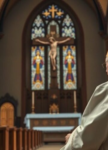 Poważny katolicki duchowny w sakralnym otoczeniu Poważny katolicki biskup w tradycyjnych szatach, modlący się w sakralnym wnętrzu kościoła z krucyfiksem i witrażami, symbolizujący powagę i głębię wiary katolickiej
