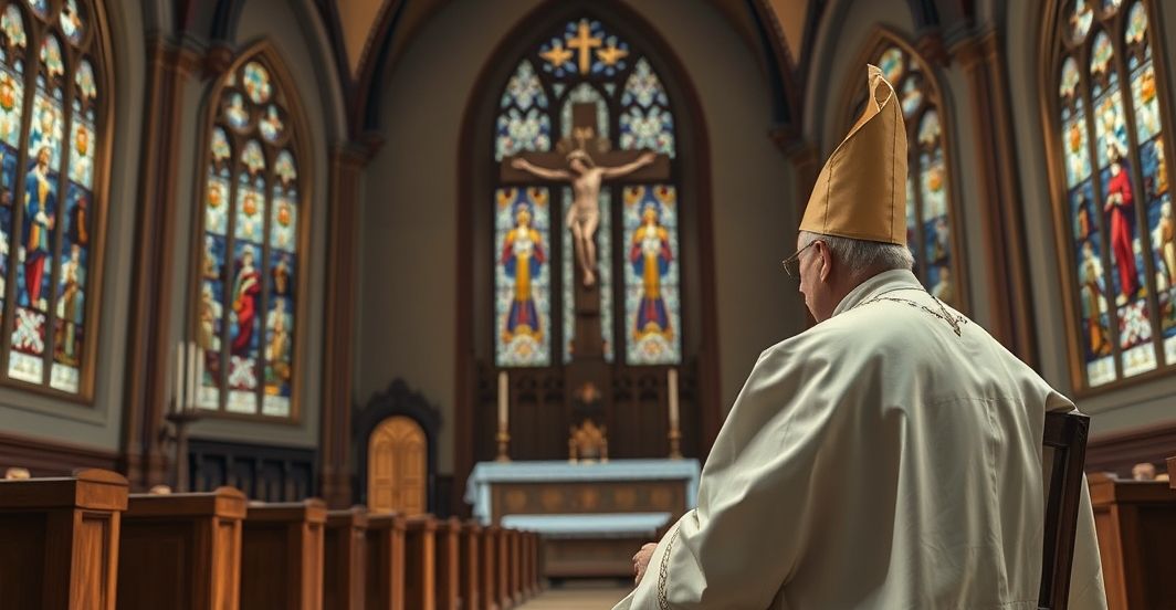 Poważny katolicki biskup w tradycyjnych szatach, modlący się w sakralnym wnętrzu kościoła z krucyfiksem i witrażami, symbolizujący powagę i głębię wiary katolickiej