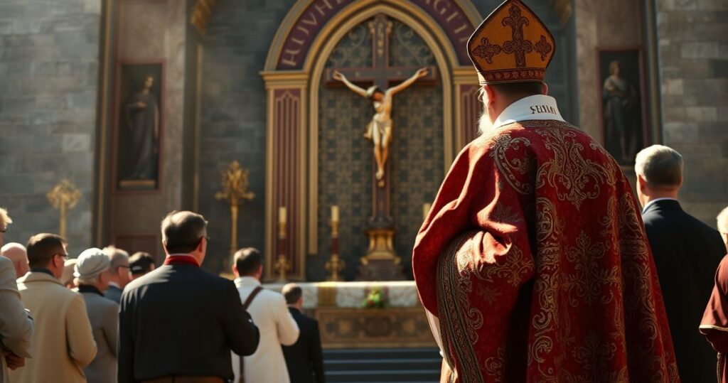 Realistyczny obraz katolickiego biskupa w liturgicznych szatach podczas pielgrzymki, oddającego cześć Krzyżowi na tle ołtarza, symbolizujący głęboką wiarę i tradycję Kościoła.