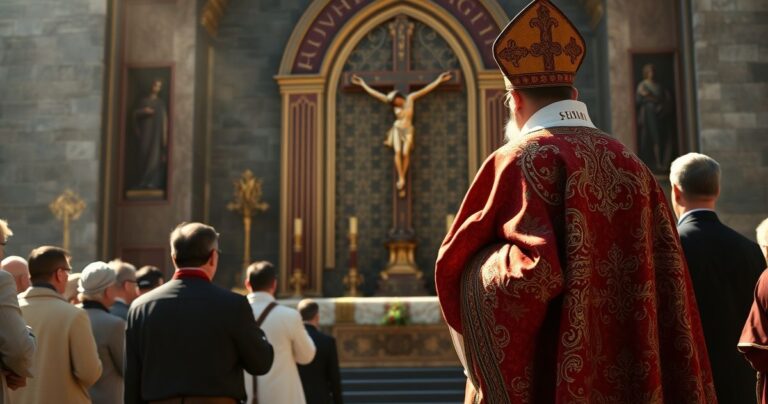 Realistyczny obraz katolickiego biskupa w liturgicznych szatach podczas pielgrzymki, oddającego cześć Krzyżowi na tle ołtarza, symbolizujący głęboką wiarę i tradycję Kościoła.