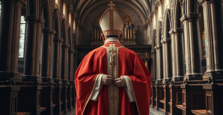 Biskup w tradycyjnych szatach katolickich w historycznym kościele, symbolizujący sprzeciw wobec modernistycznych reform i synodalizmu