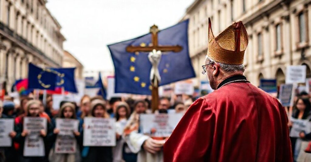 Kapelan katolicki w tradycyjnych szatach liturgicznych stoi przed tłumem protestujących przeciw strategii LGBT Unii Europejskiej