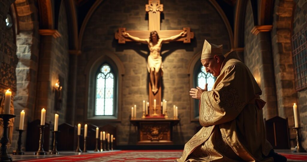 Kapłan katolicki w liturgicznych szatach, modlący się przed krucyfiksem w tradycyjnym kościele, wyraz głębokiej refleksji i pokory, symbolizujący sprzeciw wobec modernistycznych tendencji