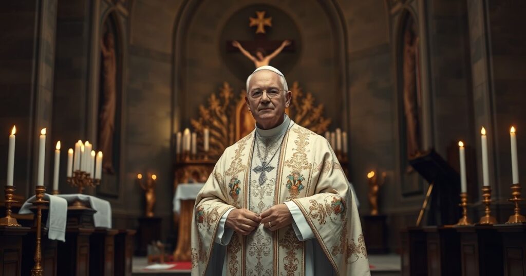 Sędziwy biskup w tradycyjnych szatach liturgicznych w kościele, z krzyżem i świecami, symbolizujący autentyczną władzę Kościoła katolickiego, w realistycznym, pełnym szacunku ujęciu.